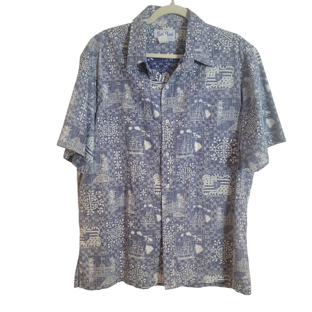 Kai Nani Mens XL Hawaiian Island Map Nautical Print Button Up Shirt Blue‎ White
